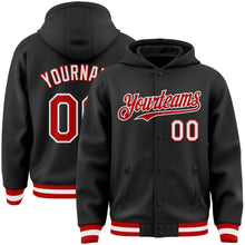 Загрузить изображение в средство просмотра галереи, Custom Black Red-White Bomber Full-Snap Varsity Letterman Hoodie Jacket
