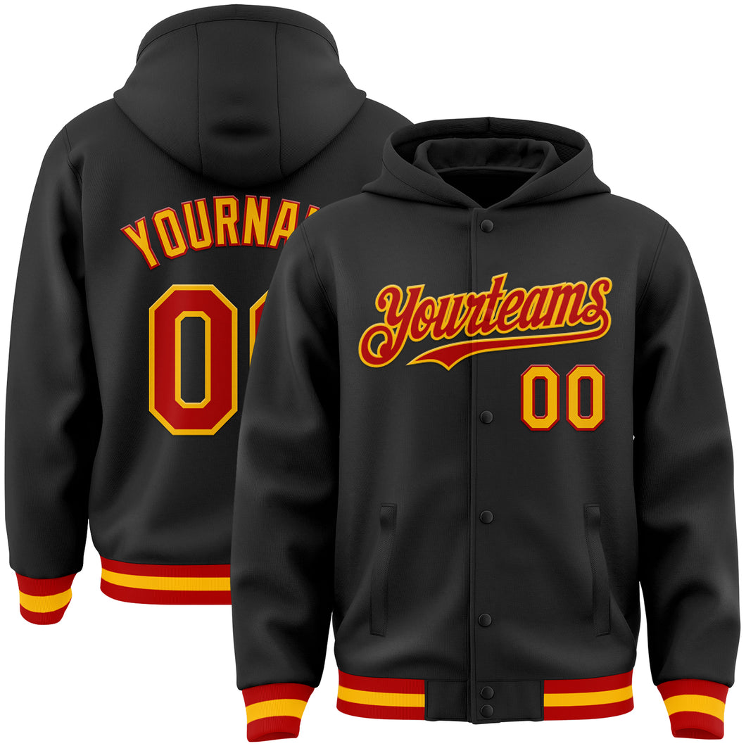 Custom Black Red-Gold Bomber Full-Snap Varsity Letterman Hoodie Jacket