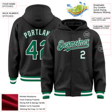 Load image into Gallery viewer, Custom Black Kelly Green-White Bomber Full-Snap Varsity Letterman Hoodie Jacket
