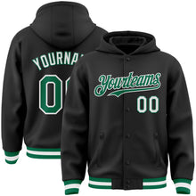 Load image into Gallery viewer, Custom Black Kelly Green-White Bomber Full-Snap Varsity Letterman Hoodie Jacket
