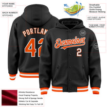 Laden Sie das Bild in den Galerie-Viewer, Custom Black Orange-White Bomber Full-Snap Varsity Letterman Hoodie Jacket
