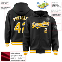 Load image into Gallery viewer, Custom Black Gold-White Bomber Full-Snap Varsity Letterman Hoodie Jacket
