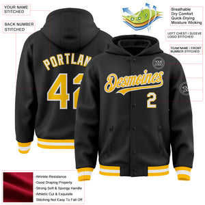 Custom Black Gold-White Bomber Full-Snap Varsity Letterman Hoodie Jacket