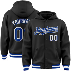 Custom Black Royal-White Bomber Full-Snap Varsity Letterman Hoodie Jacket