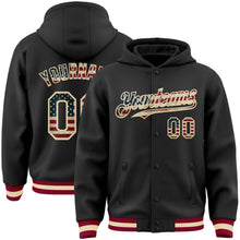 Загрузить изображение в средство просмотра галереи, Custom Black Vintage USA Flag Cream-Maroon Bomber Full-Snap Varsity Letterman Hoodie Jacket
