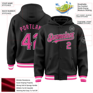 Custom Black Pink-White Bomber Full-Snap Varsity Letterman Hoodie Jacket