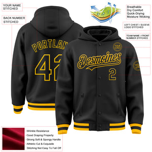 Custom Black Gold Bomber Full-Snap Varsity Letterman Hoodie Jacket