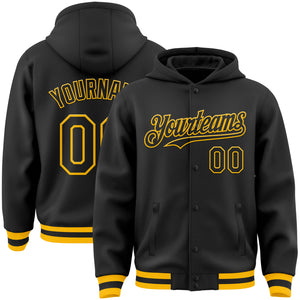 Custom Black Gold Bomber Full-Snap Varsity Letterman Hoodie Jacket