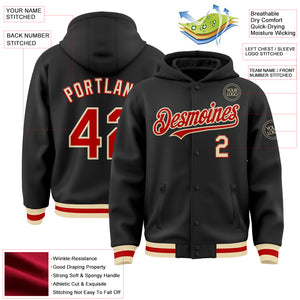 Custom Black Red-Cream Bomber Full-Snap Varsity Letterman Hoodie Jacket