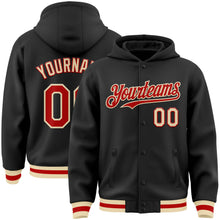 Загрузить изображение в средство просмотра галереи, Custom Black Red-Cream Bomber Full-Snap Varsity Letterman Hoodie Jacket
