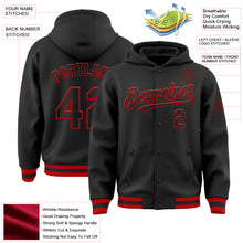 Загрузить изображение в средство просмотра галереи, Custom Black Red Bomber Full-Snap Varsity Letterman Hoodie Jacket
