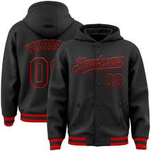 Загрузить изображение в средство просмотра галереи, Custom Black Red Bomber Full-Snap Varsity Letterman Hoodie Jacket
