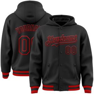 Custom Black Red Bomber Full-Snap Varsity Letterman Hoodie Jacket