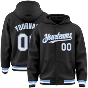 Custom Black White-Light Blue Bomber Full-Snap Varsity Letterman Hoodie Jacket