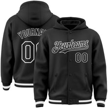 Загрузить изображение в средство просмотра галереи, Custom Black White Bomber Full-Snap Varsity Letterman Hoodie Jacket
