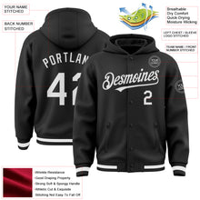 Загрузить изображение в средство просмотра галереи, Custom Black White Bomber Full-Snap Varsity Letterman Hoodie Jacket
