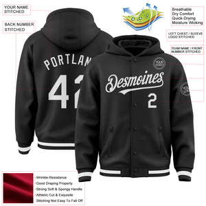 Custom Black White Bomber Full-Snap Varsity Letterman Hoodie Jacket