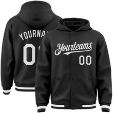 Загрузить изображение в средство просмотра галереи, Custom Black White Bomber Full-Snap Varsity Letterman Hoodie Jacket
