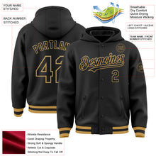 Загрузить изображение в средство просмотра галереи, Custom Black Old Gold Bomber Full-Snap Varsity Letterman Hoodie Jacket
