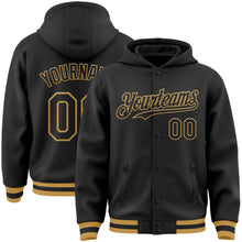 Загрузить изображение в средство просмотра галереи, Custom Black Old Gold Bomber Full-Snap Varsity Letterman Hoodie Jacket
