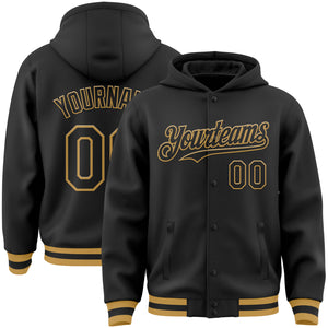 Custom Black Old Gold Bomber Full-Snap Varsity Letterman Hoodie Jacket