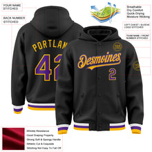 Загрузить изображение в средство просмотра галереи, Custom Black Purple-Gold Bomber Full-Snap Varsity Letterman Hoodie Jacket
