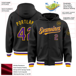 Custom Black Purple-Gold Bomber Full-Snap Varsity Letterman Hoodie Jacket