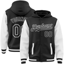 Загрузить изображение в средство просмотра галереи, Custom Black White Bomber Full-Snap Varsity Letterman Two Tone Hoodie Jacket
