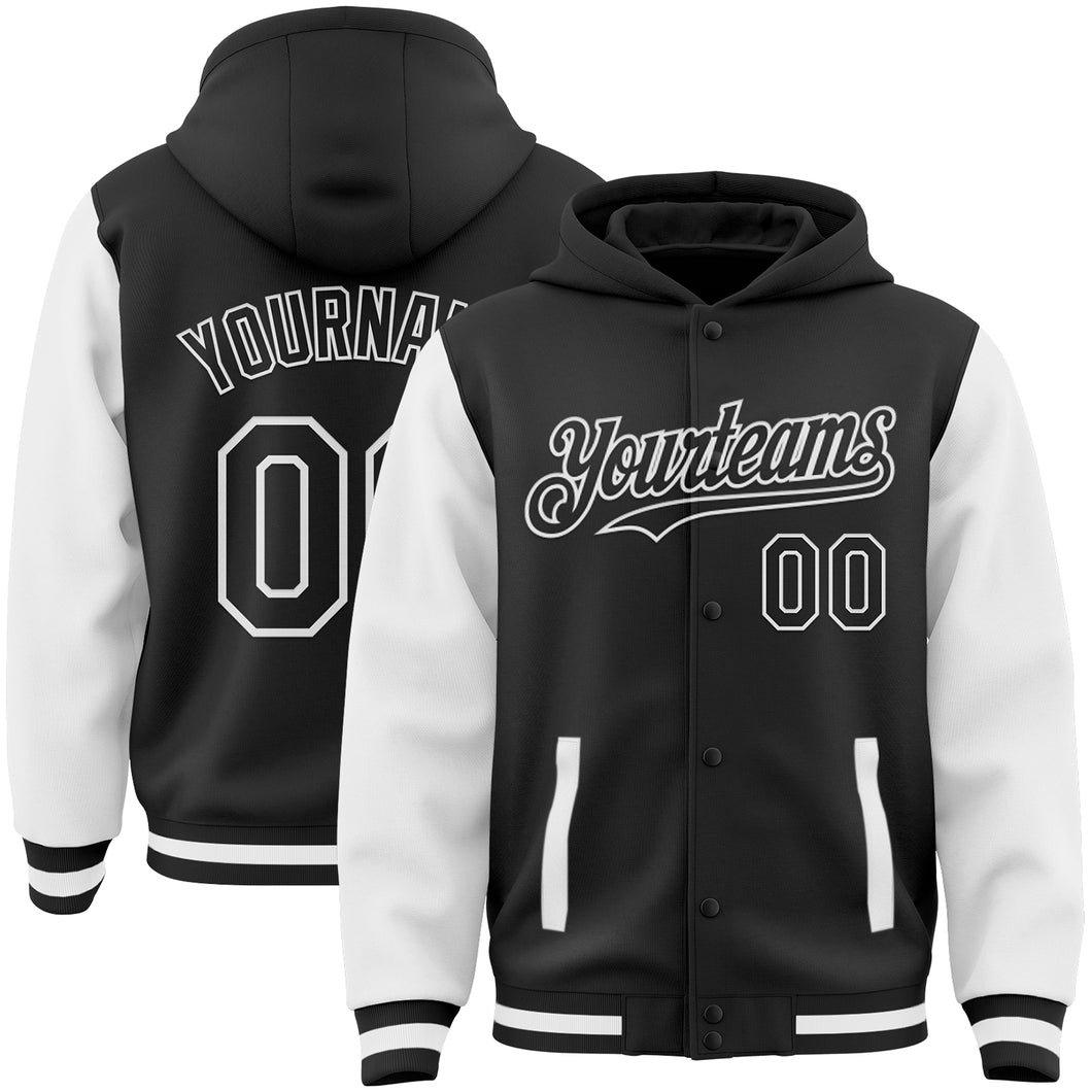 Custom Black White Bomber Full-Snap Varsity Letterman Two Tone Hoodie Jacket