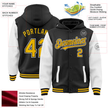 Load image into Gallery viewer, Custom Black Gold-White Bomber Full-Snap Varsity Letterman Two Tone Hoodie Jacket
