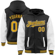 Load image into Gallery viewer, Custom Black Gold-White Bomber Full-Snap Varsity Letterman Two Tone Hoodie Jacket
