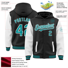 Загрузить изображение в средство просмотра галереи, Custom Black Teal-White Bomber Full-Snap Varsity Letterman Two Tone Hoodie Jacket
