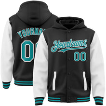 Загрузить изображение в средство просмотра галереи, Custom Black Teal-White Bomber Full-Snap Varsity Letterman Two Tone Hoodie Jacket
