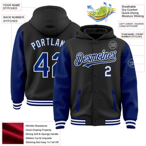 Custom Black Royal-White Bomber Full-Snap Varsity Letterman Two Tone Hoodie Jacket