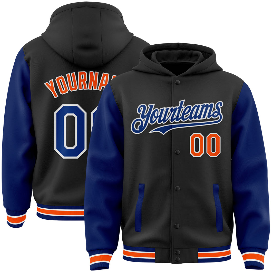 Custom Black Royal-Orange Bomber Full-Snap Varsity Letterman Two Tone Hoodie Jacket