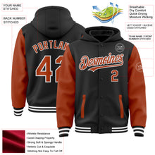 Загрузить изображение в средство просмотра галереи, Custom Black Texas Orange-White Bomber Full-Snap Varsity Letterman Two Tone Hoodie Jacket
