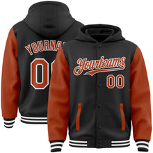 Загрузить изображение в средство просмотра галереи, Custom Black Texas Orange-White Bomber Full-Snap Varsity Letterman Two Tone Hoodie Jacket
