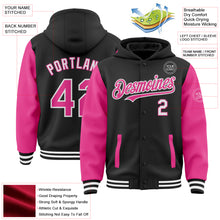 Загрузить изображение в средство просмотра галереи, Custom Black Pink-White Bomber Full-Snap Varsity Letterman Two Tone Hoodie Jacket
