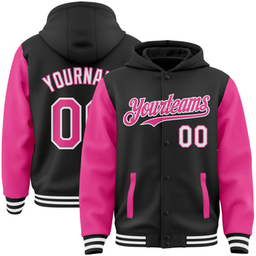 Custom Black Pink-White Bomber Full-Snap Varsity Letterman Two Tone Hoodie Jacket