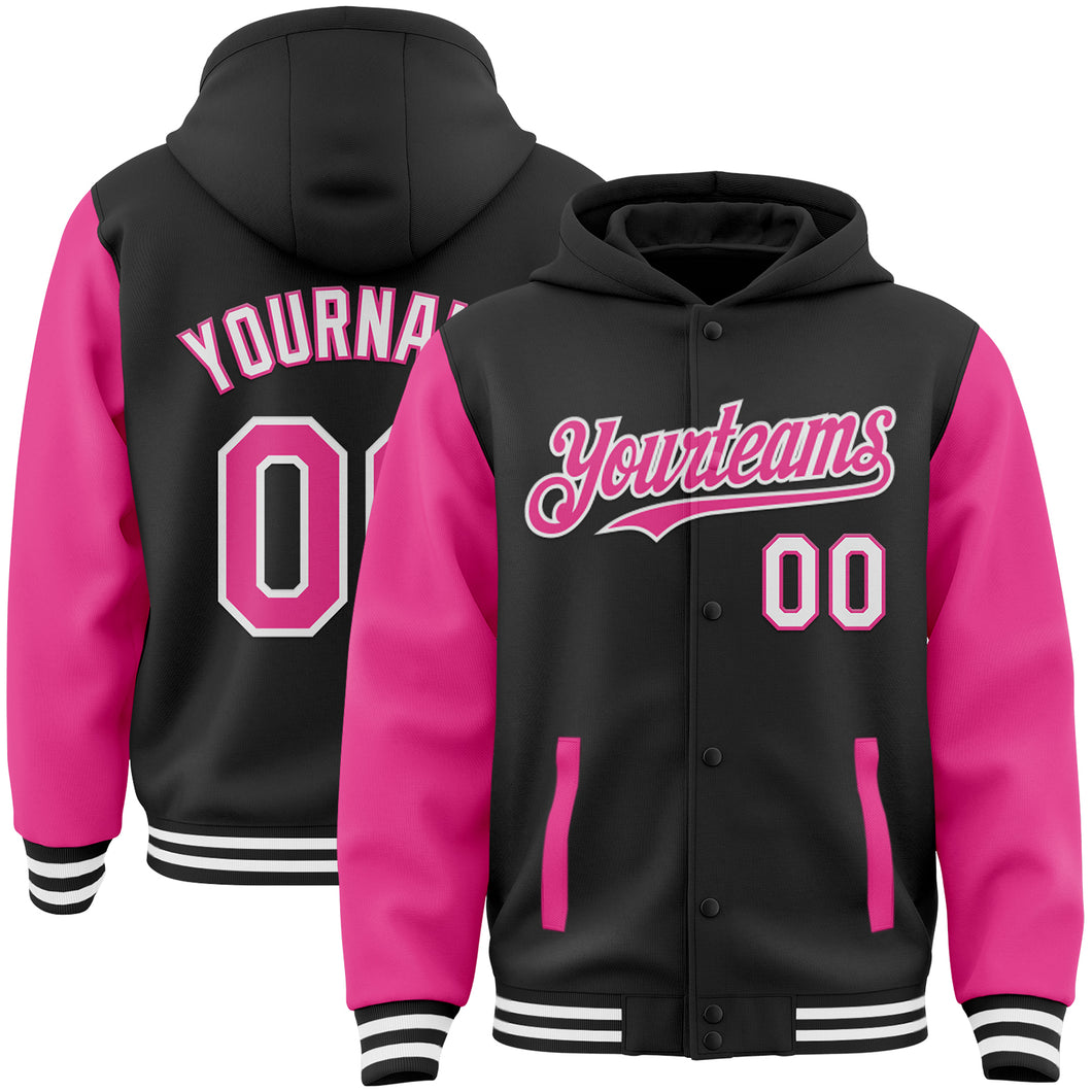 Custom Black Pink-White Bomber Full-Snap Varsity Letterman Two Tone Hoodie Jacket