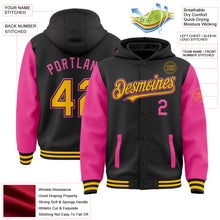 Load image into Gallery viewer, Custom Black Gold-Pink Bomber Full-Snap Varsity Letterman Two Tone Hoodie Jacket
