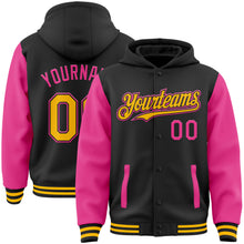 Load image into Gallery viewer, Custom Black Gold-Pink Bomber Full-Snap Varsity Letterman Two Tone Hoodie Jacket
