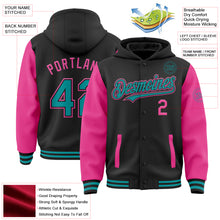 Загрузить изображение в средство просмотра галереи, Custom Black Teal-Pink Bomber Full-Snap Varsity Letterman Two Tone Hoodie Jacket
