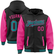 Загрузить изображение в средство просмотра галереи, Custom Black Teal-Pink Bomber Full-Snap Varsity Letterman Two Tone Hoodie Jacket
