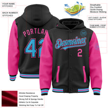 Загрузить изображение в средство просмотра галереи, Custom Black Sky Blue-Pink Bomber Full-Snap Varsity Letterman Two Tone Hoodie Jacket
