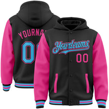 Загрузить изображение в средство просмотра галереи, Custom Black Sky Blue-Pink Bomber Full-Snap Varsity Letterman Two Tone Hoodie Jacket
