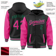 Load image into Gallery viewer, Custom Black Pink-Kelly Green Bomber Full-Snap Varsity Letterman Two Tone Hoodie Jacket
