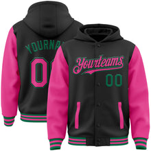 Load image into Gallery viewer, Custom Black Pink-Kelly Green Bomber Full-Snap Varsity Letterman Two Tone Hoodie Jacket
