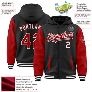 Custom Black Red-White Bomber Full-Snap Varsity Letterman Two Tone Hoodie Jacket