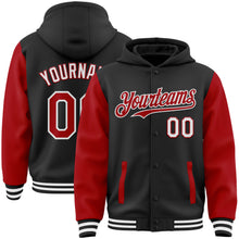 Загрузить изображение в средство просмотра галереи, Custom Black Red-White Bomber Full-Snap Varsity Letterman Two Tone Hoodie Jacket
